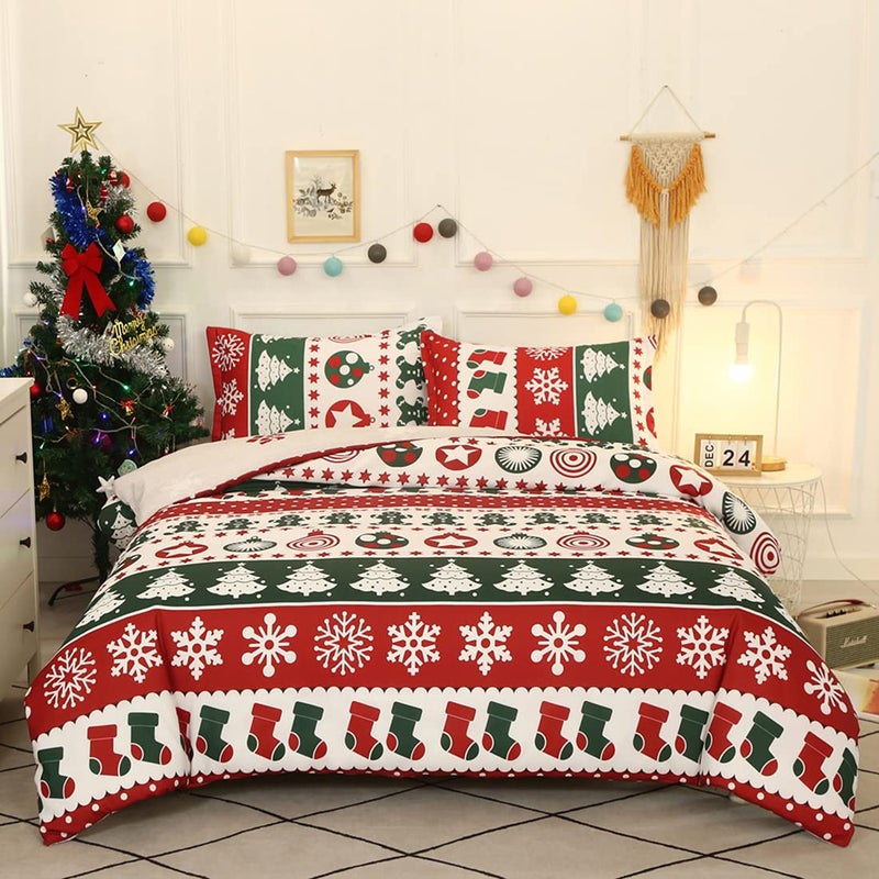 Mengersi Christmas Snowflakes Duvet Cover Full Size,Xmas Trees Holiday Bedding Comforter Cover with Zipper Closure,Home Decoration for New Year (Full, Green) - Image 1